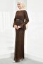 Brown Lace Evening Dress with Flounces and Stones on the Sleeves - 4