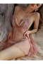 Sexy Pink Ruffle Lace Sheer Babydoll Nightgown, Pearl Chain Deep V Adjustable Strap Open Back Outfit for Romantic Date & Intimate Night Occasions - 4