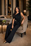 Women's Black Asymmetrical One-Shoulder Satin Two-Piece Set - Palazzo Set with Gold Accessory Detail - 2