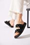 Retale Double Buckle Gold Detailed Women's Slippers Black Suede