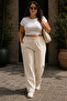 Plus Size Palazzo High Waist Fabric Trousers C654-Cream - 7