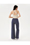 Women's Navy Blue Flare Pants, Regular Waist, Wide Legs, Slim Fit Trousers - 8