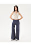 Women's Navy Blue Flare Pants, Regular Waist, Wide Legs, Slim Fit Trousers - 7