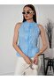 Women's Blue Mandarin Collar Embroidered Sleeveless Shirt Pc6143 - 6