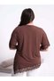 Women's Plus Size Brown V-Neck Lace Detail Side Open Short Sleeve Stretchy Viscose Blouse - 6