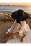 Women's Black Summer Hat Wide Brim Straw Beach Hat with Bead Detail