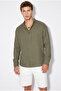 Men's Khaki Breathable Half Oversize Muslin Fabric Long Sleeve Judge Collar Shirt 60001002 - 2
