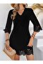 Women's Short Sleeve V-Neck Laser Cut Floral Patterned Short Imported Crepe Dress - 2