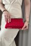 Women's Red Satin Stone Evening Dress Bag - Hand and Shoulder Bag with Silver Accessories and Chain Strap