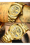 Mens Stainless Steel Mechanical Watch Analog Round Gold Dial Hollow Pattern Waterproof Luminous Wristwatch Gift for Men Black Silver - 7