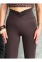 Women's Brown Color Spanish Leg Belt Gathered Detailed High Waist Gathering Stretchy Plain Leggings - 2