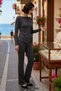 Women's Plus Size Asymmetrical Cut Boat Neck Long Sleeve Spanish Flare Buttoned Ribbed Knitted Suit Casual - 2