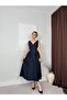 Navy Blue V-Neck Midi Length Jean Dress - 4