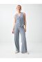 Navy Blue Striped Knitted Trousers with Elastic Waist