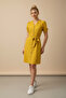 Women's Mustard Linen Look Midi Belted Buttoned Dress with Elasticated Sleeves - 4