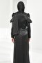 Black Gathered Front Janjan Evening Dress with Shoulder Detail - 3