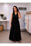 Fluid Textured Adjustable Waist V-Neck Long Dress-Black