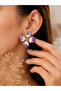 Pinterest Style Purple Floral Patterned Gold Detailed Women's Earrings - 3