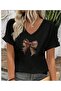 Women's Leopard Bow Printed Design Crew Neck T-Shirt Oversize Loose Fit