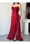 Dark Red Thin Straps Flounce Slit Satin Evening Dress - 6