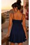 Women's Navy Blue Front Gathered Mini Dress Be398 - 2
