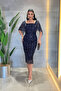 Full Beaded Fabric Boat Neck Pencil Dress - Dark Blue