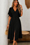 Summer Elegance Women's Butterfly Sleeve Detailed V-Neck Front Slit and Buttoned Crepe Dress - 2