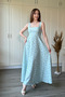 Floral Square Neck Midi Turquoise Dress with Bow Detail on the Back - 5