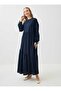 Linen Hijab Dress with Cutouts and Tie-Down Sleeves - Navy Blue - - 2