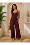 Women's Ethnic Stripe Pattern Detailed V-Neck Strappy Long Crepe Jumpsuit with Pockets