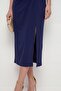 Women's Navy Blue Strapless Collar Accessory Detailed Knitted Midi Evening Dress - 4