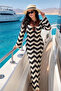 Women's Black Zigzag Patterned White Stylish Summer Long Beach Vacation Dress