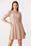 Women's Square Neck Short Sleeve Embossed Patterned Biscuit Dress - 5