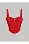 Red Embroidered Patterned Chest-Cut Out Front Lace-Up Strap Crop Top, Red Scallop Embroidered Corset Crop Top - 2