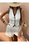Bella Women's Ecru Contrast Piping Buttoned Linen Shorts Set 70% Linen 30% Cotton - 2