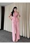 Pink 100% Cotton Shoulder-Waist Drawstring Blouse and Trousers Set - Y286120 - 3