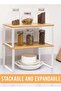 Cabinet Organizer Shelf Set of 2 Kitchen Counter Shelves Kitchen Storage Spice Rack Stackable Expandable Metal and Engineered Wood White and Beige - 5