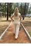 Women's Khaki Color Safari Style Pocketed Flam Linen Vest Pants Lower and Upper Set - 6