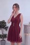 Women's V-Neck Flared Pleated Stone Detailed Short Evening Dress Tulle Burgundy, Navy Blue, Lilac, Black - 2
