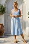Light Blue Pool Collar Sleeveless Zippered Double Flap Pockets Casual 100% Linen Woven Dress 110 55 - 3