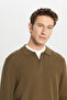 Men's Khaki Wool Warm Standard Fit Regular Cut Polo Collar Knitwear Sweater - 4