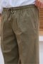 Khaki Men's Linen-Look Elastic Waist Lace-Up Comfortable Fit Trousers - 3