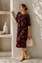 Women's Burgundy Crew Neck Floral Midi Dress - 3