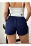 Women's Navy Blue Belted Mini Denim Shorts with Belt Detail - 4