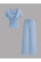 Baby Blue Shal Collar Short-Sleeved Crop Top and Wide-Leg Bottom Set
