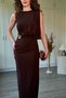 Shoulder Draped Slit Midi Brown Dress with Gold Accessories - 3