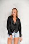Women's Black Leather Jacket Classic Cut Sleeve Belt Modern - 3
