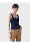 Navy Blue Square Neck Zippered Jean Blouse