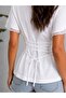 Women's Crew Neck Lace Detail Lace-Up Back Combed Cotton Blouse 28076 - 2