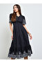Black Contrast Embroidered A-Line Midi Dress - 2